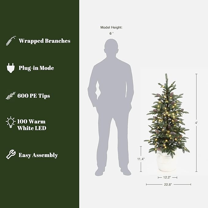 LuxenHome 4FT Small Christmas Tree, Slim Potted Christmas Trees with 100 Warm White LED Lights, Artificial Pine Tree with Pine Cone and White Round Base, Faux Tree for Holiday Decorations