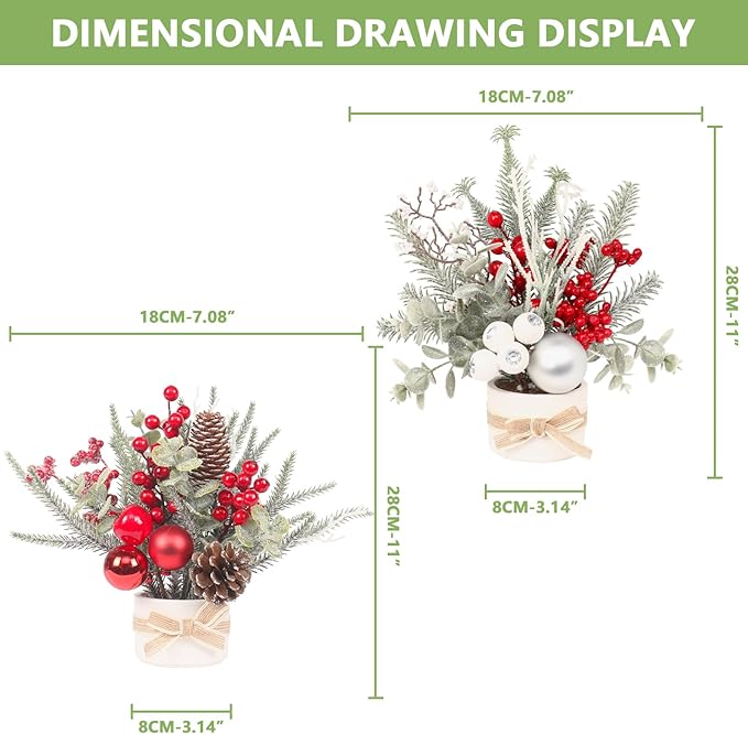 2PCS Small Christmas Tree,11" Artificial Little Potted Mini Tabletop Tree Christmas Decorations, for Wedding Holiday Indoor Xmas Party Decor (Red/Green/White).