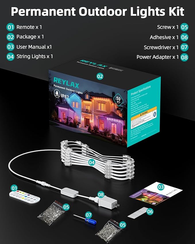 REYLAX 50FT Permanent Outdoor Lights with 30 LED Lights, RGB+IC Eaves Lights, IP67 Waterproof, Multi Scenes for Outdoor Christmas Holidays Decor, Works with APP & Remote Control, White