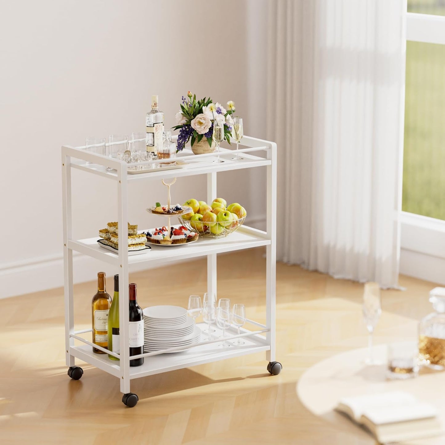 HITNET White Bar Cart, Home Bar Serving Cart, Kitchen Trolley on Wheels with Storage, 3 Tier Rolling Beverage Cart for Living Room Kitchen Home Office