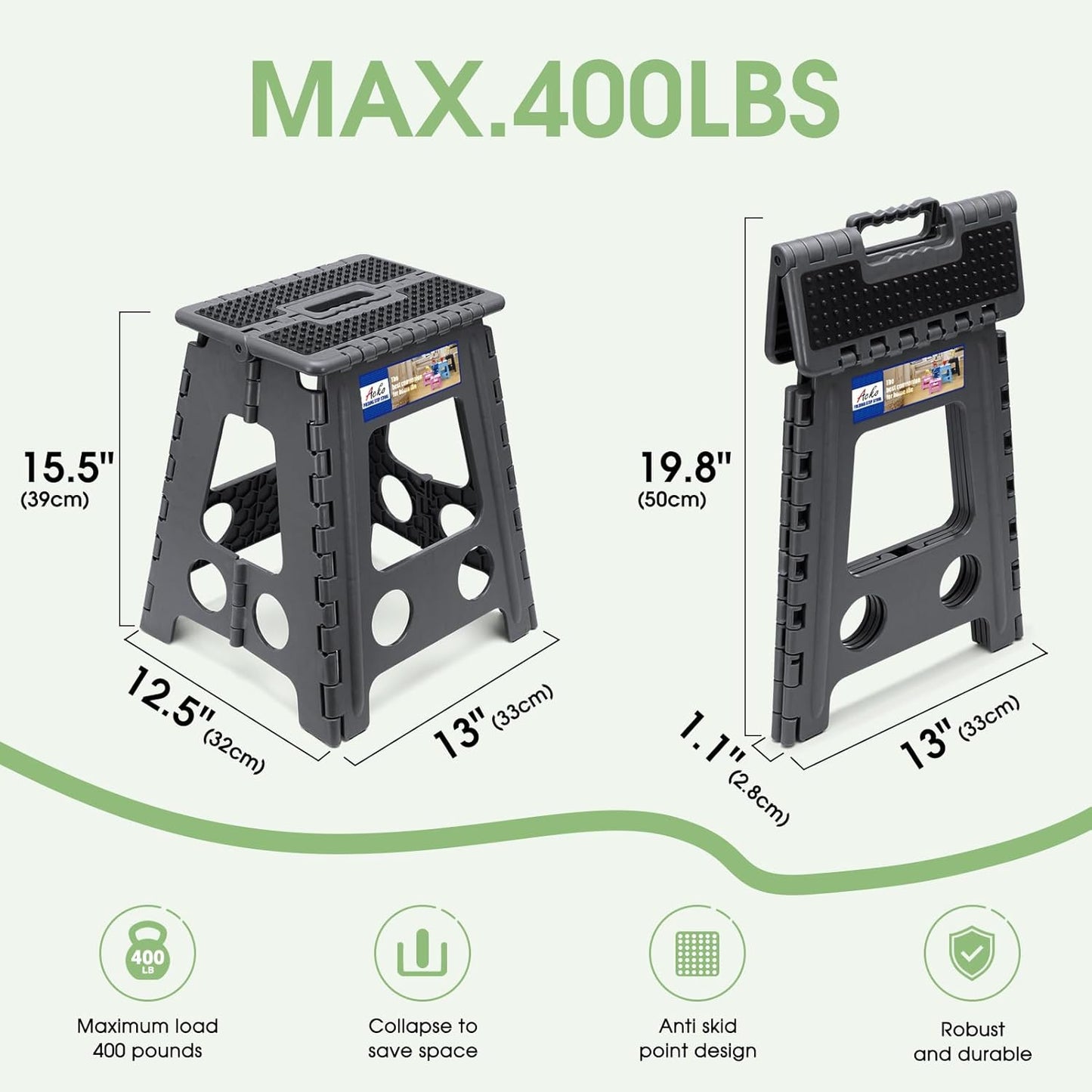 ACKO Folding Step Stool Foldable 16 Inch Stools for Adults and Kids, Plastic Stools Tall 400 lbs Capacity, Collapsible Stool for Kitchen, Stepping Foot Stool with Handle, Dot Grey, 1 PC