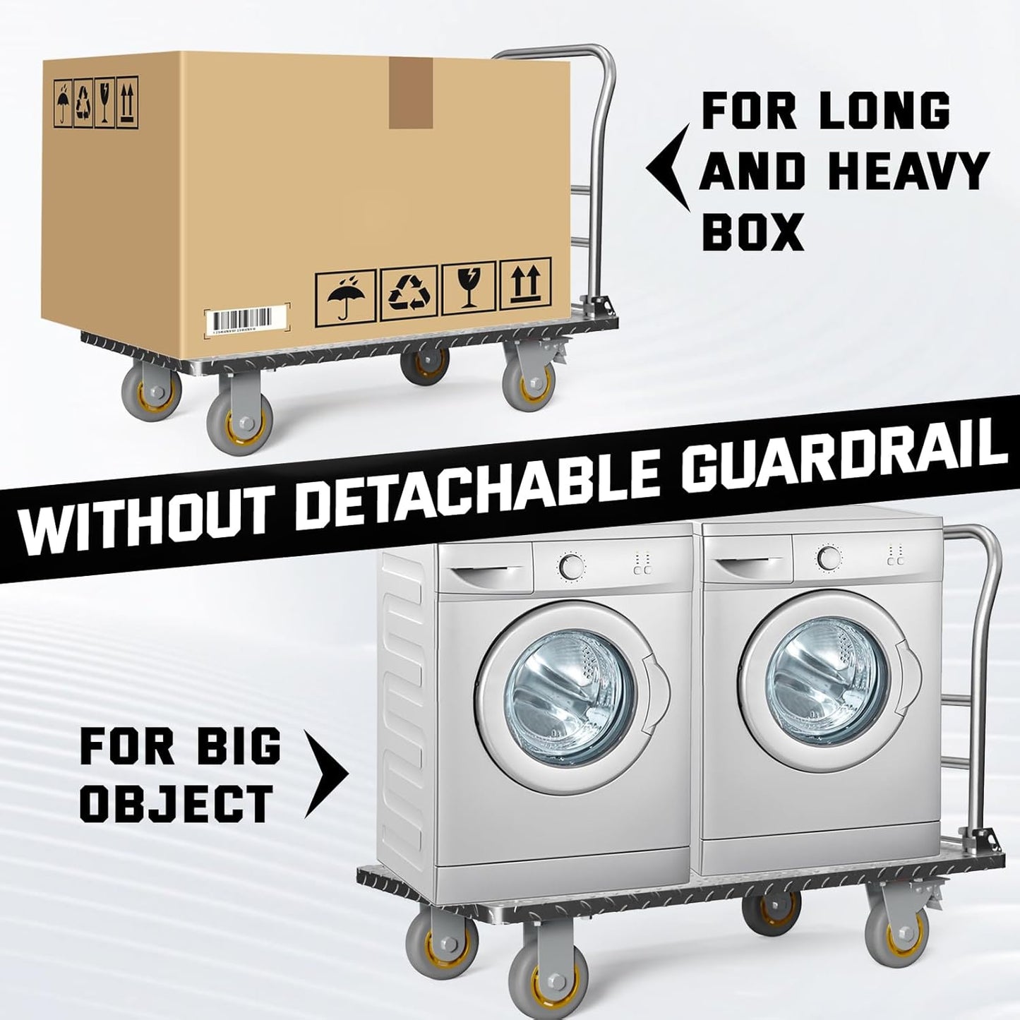 Platform Truck Cart with Detachable Baffle Guardrail,Heavy Duty 48x24 Inch Flatbed Cart with 2000 LBS Weight Capacity and 6In Swivel Caster Transporting Heavy Loads and Barrel with Ease & Efficiency