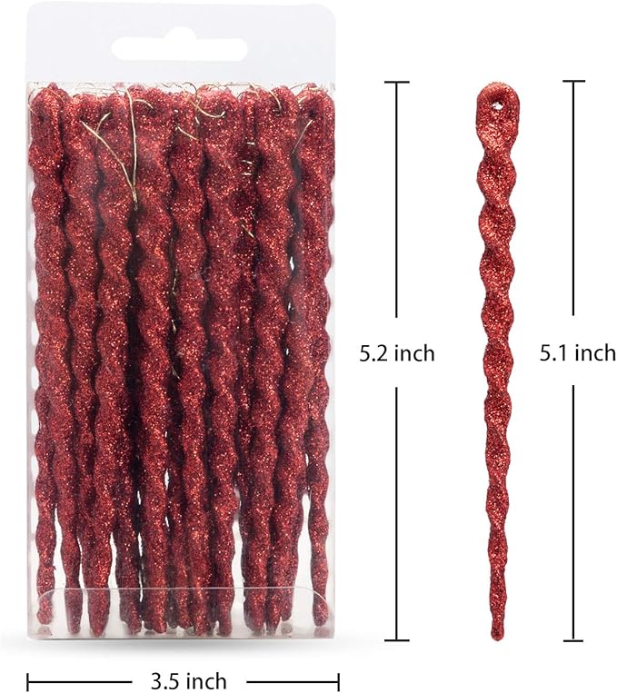 AMS Sparkling Glitter Plastic Icicle Ornaments 30 PCS Twisted Icicles Decoration Christmas Tree and Holiday Xmas Party Hanging (5.1'', Red)