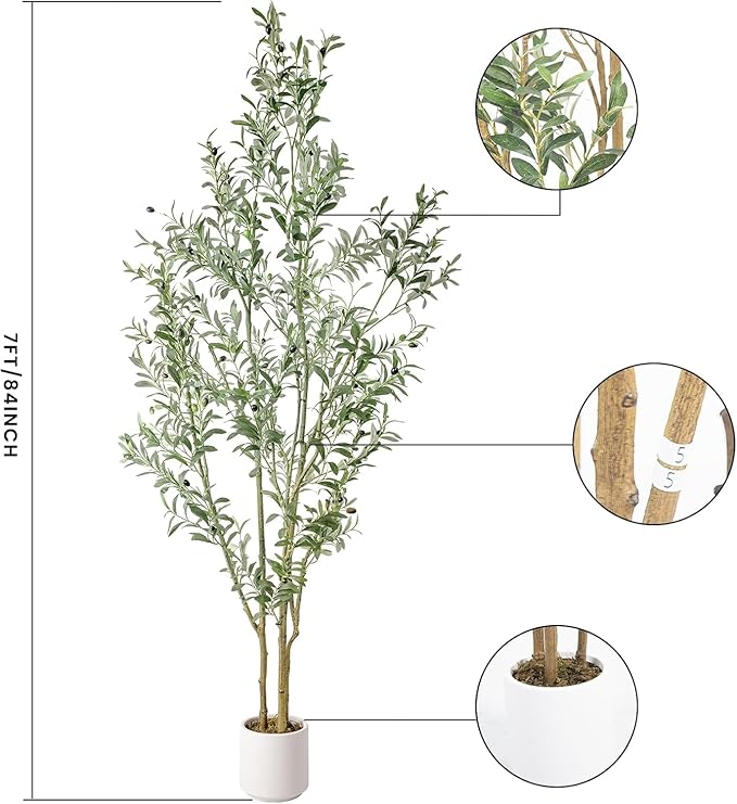 Artificial Fake Olive Tree 7FT Tall 1Pack with White Planter Faux Silk Olive Tree for Home Living Room Office Decor Faux Artificial Plants Indoor with Fruit & Free Moss