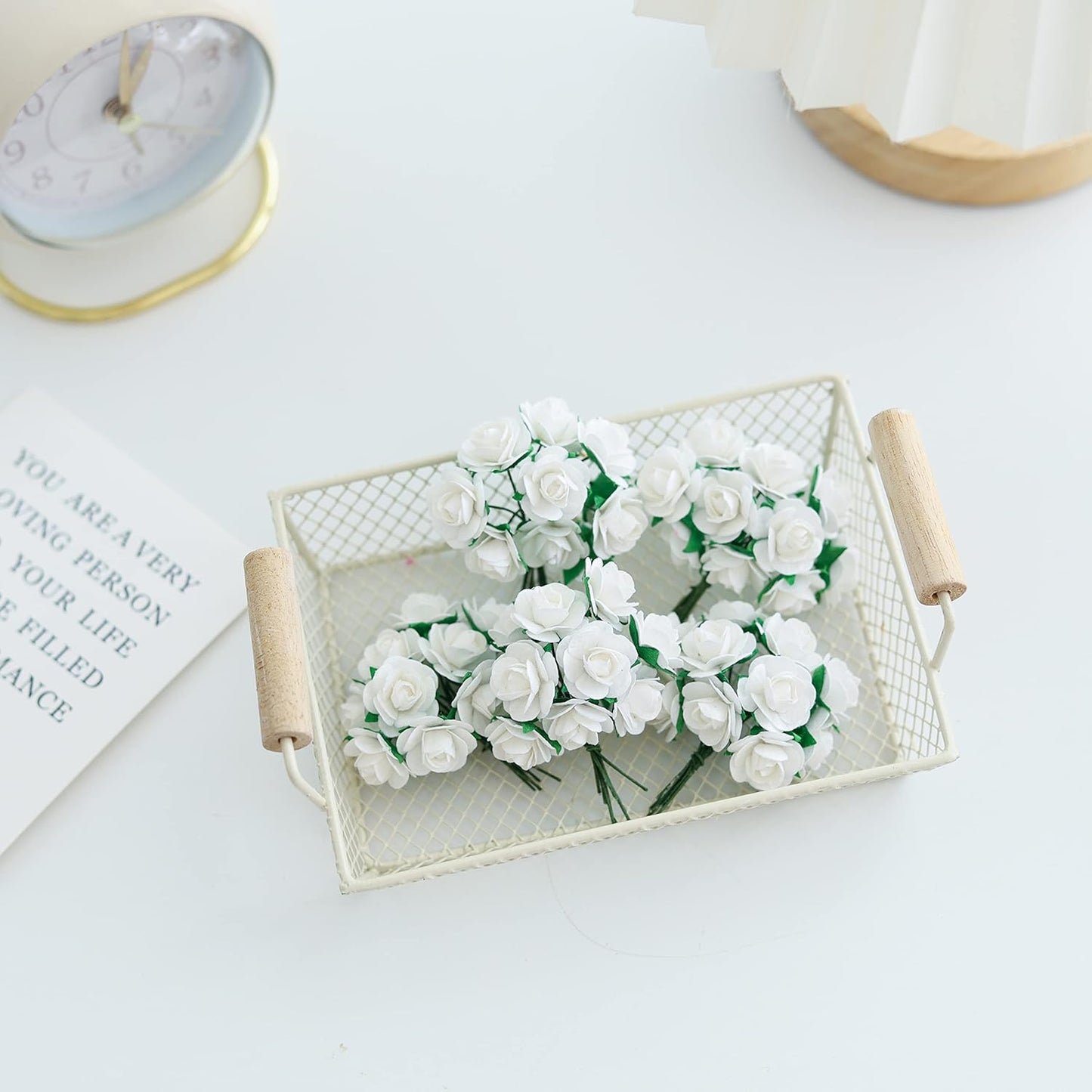 Handmade 50 pcs Mini Mulberry Paper Roses 18 mm Mulberry Paper Flowers Scrapbooking Wedding DIY Craft (White Color)