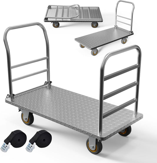 Platform Truck Cart with Detachable Baffle Guardrail,Heavy Duty 48x24 Inch Flatbed Cart with 2000 LBS Weight Capacity and 6In Swivel Caster Transporting Heavy Loads and Barrel with Ease & Efficiency
