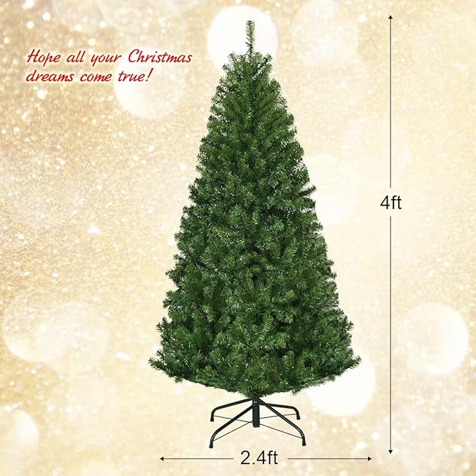 COSTWAY 4 FT Pre-lit Christmas Tree, Artificial Xmas Tree with 100 Warm White & Multicolored Lights, 11 Modes, 300 Branch Tips, Metal Support, Holiday Decoration Fake Tree for Home, Office, Party