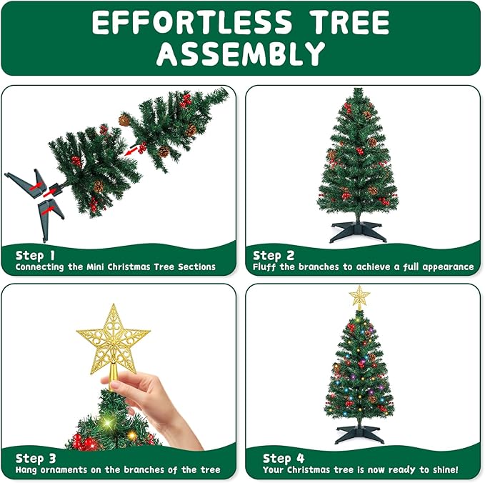 3FT Artificial Christmas Tree with Lights - 12 Lighting Modes, Timer&Ornaments, Mini Fake Xmas Tree for Tabletop, Home, Office, Christmas Decoration Tree Decor