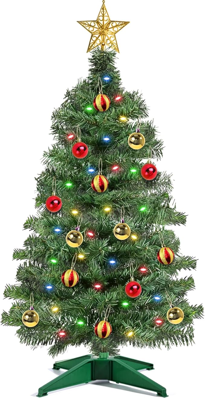 [ 12 Modes & Remote Control ] 3 Ft Christmas Tree with Timer 50 Four Color LED Lights DIY 15 Ball Ornaments Star Artificial Xmas Tree Indoor Outdoor Home Holiday Decoration (Dark Green)