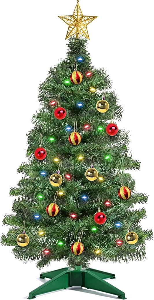 [ 12 Modes & Remote Control ] 3 Ft Christmas Tree with Timer 50 Four Color LED Lights DIY 15 Ball Ornaments Star Artificial Xmas Tree Indoor Outdoor Home Holiday Decoration (Dark Green)