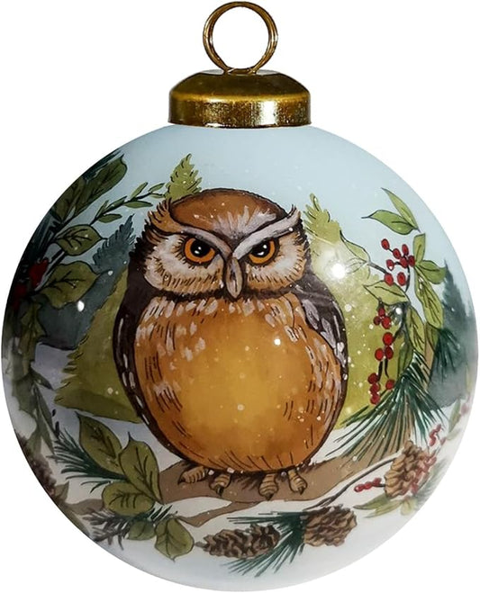 Glass Owl Ornament – Woodland Forest Bird Collectible with Evergreen Tree – Winter Wildlife Christmas Decoration – Unique Owl Gift for Nature Lovers – 3” Reverse-Painted Ornament with Gift Box