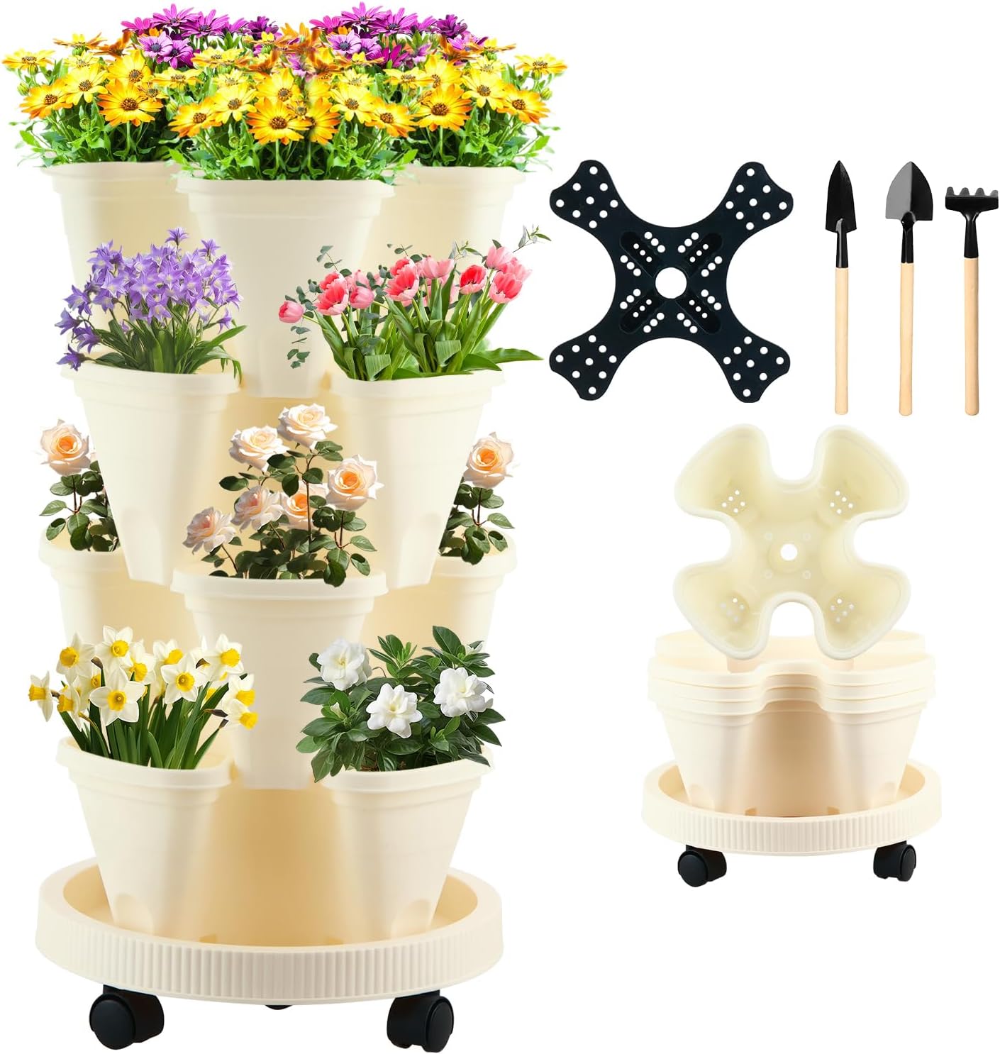 4 Tier Garden Tower Strawberry Planter Stackable Vertical Garden Planter for Herb Flowers Succulents and Lettuce Indoor/Outdoor Off-White