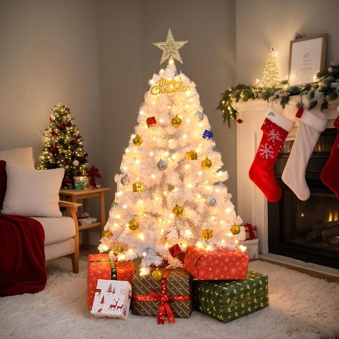 VINGLI 4ft White Artificial Christmas Tree with 140 Warm White Lights, 8 Lighting Modes, 346 Full Tips Branches, Sturdy Metal Stand, Pre-Lit Xmas Tree for Holiday & Party Decorations