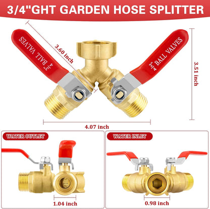 Garden Hose Splitter 2 Way, Brass Water Hose Splitter with Stainless Steel Long Handle, 3/4" GHT Thread Garden Hose Y Splitter, Full Flow Hose Splitter 2 Way Heavy Duty