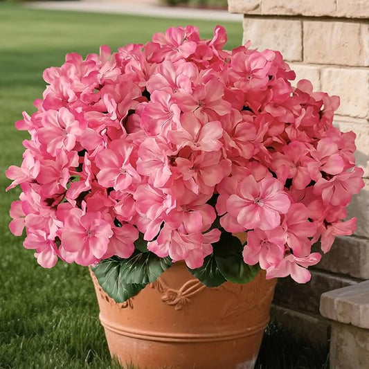 6 Bundles Faux Geranium Flowers Outdoor UV Resistant Pink Silk Artificial Geraniums, Perfect for Garden Plants, Home & Kitchen Table Centerpieces Deco, Porch, Patio, Yard & Balcony.