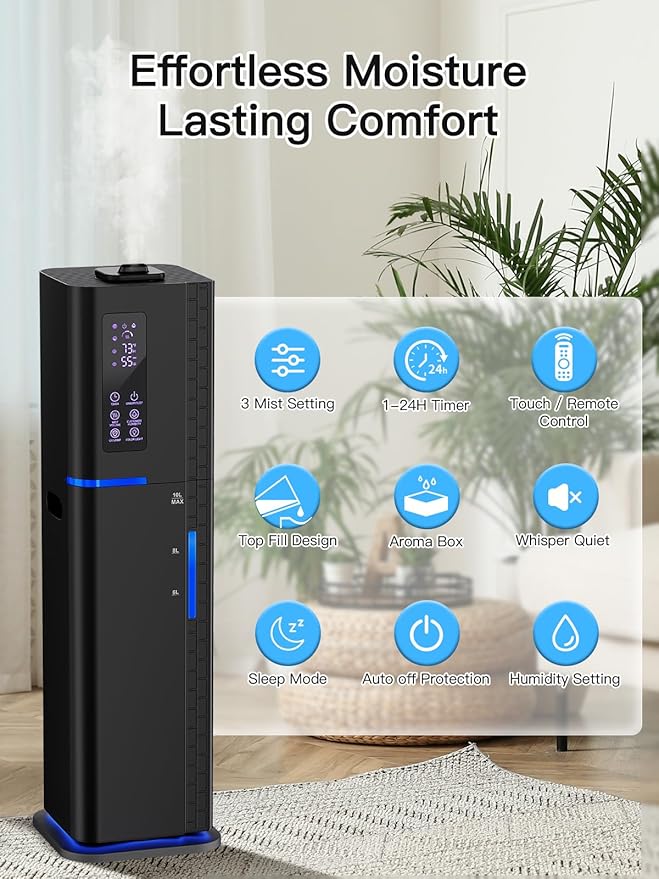 10L/2.64Gal Humidifier, Top Fill Quiet Ultrasonic Cool Mist Humidifiers for Bedroom, Covers 550ft², 60H Runtime, 24H Timer, 3 Mist Modes Humidifier Large Room, Home, Office, Plants, Black