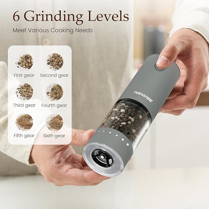 Electric Salt and Pepper Grinder Set Rechargeable with LED Lights, Automatic Pepper & Salt Mill, Adjustable Coarseness, Large Capacity, Grey