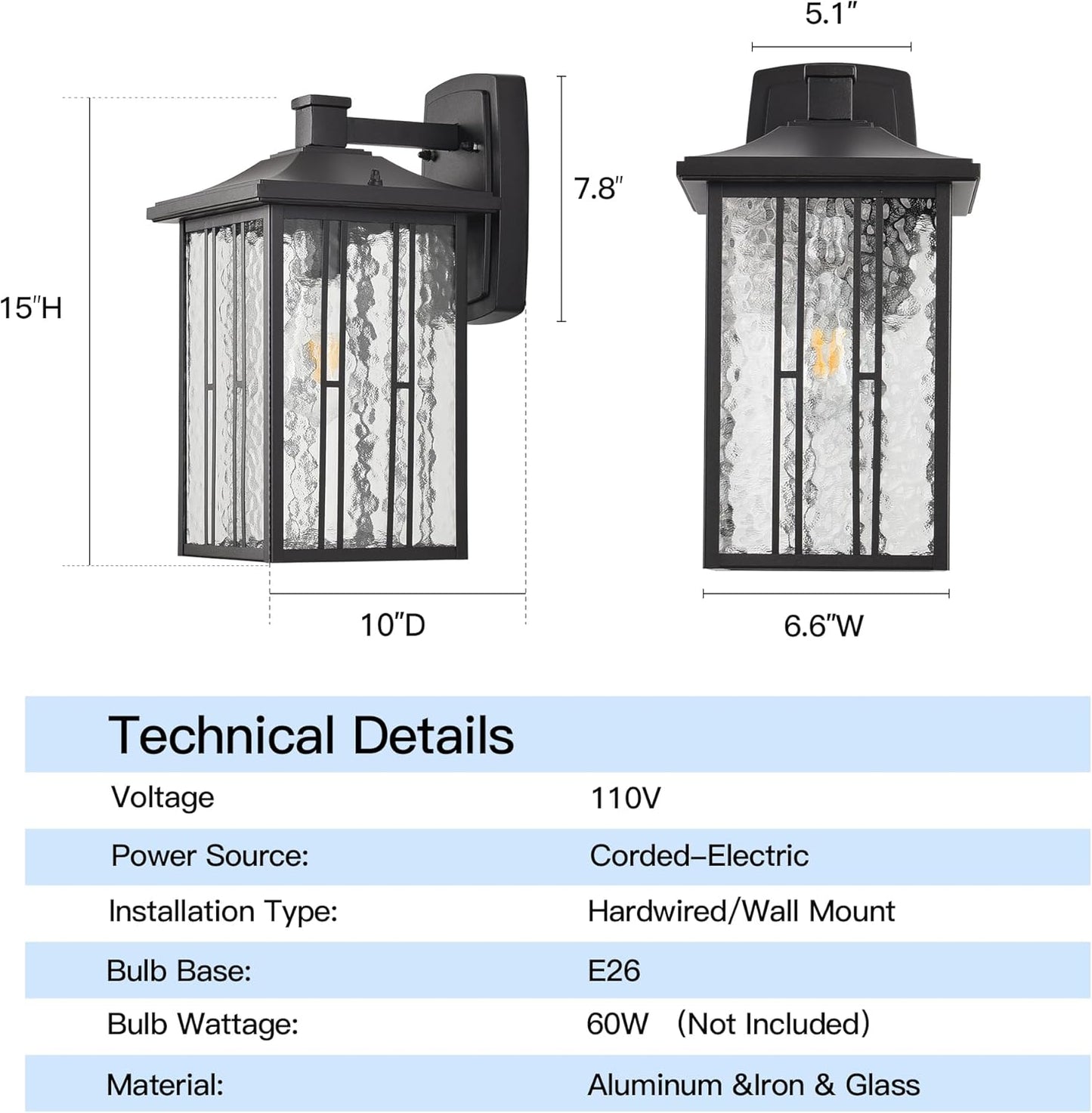 Outdoor Porch Light Fixtures, Black Wall Sconce Exterior Light, Large Front Ddoor Sconce Lights, Water Glass Outdoor Wall Lantern for Porch Garage House, 15”H
