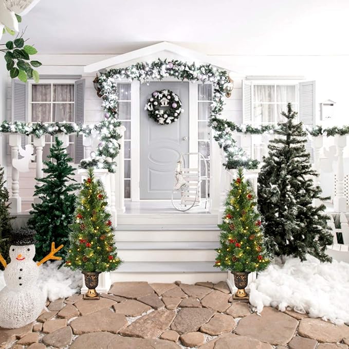 GOFLAME 4ft Prelit Pathway Christmas Tree with 60 LED Lights, Artificial Christmas Tree with Metal Stand, 180 Branch Tips, Pine Cones and Red Berries, Entrance Tree for Indoor and Outdoor Decoration