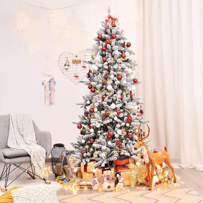 Happygrill 7ft Hinged Artificial Pine Cones Christmas Tree with 1108 Branch Tips, Heavily Snow Flocked Leaves, Metal Stand