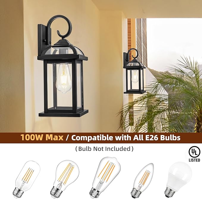 Black Exterior Light Fixtures 2-Pack, Anti-Rust Aluminum Outdoor Wall Lights for House Porch Lights IP65 Waterproof Clear Glass Outdoor Sconces Wall Mount Wall Lanterns, Matte Black