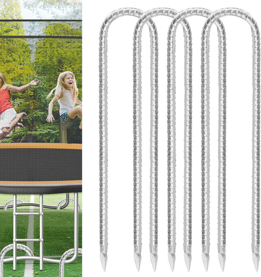 Trampoline Stakes Anchors High Wind 16inx10mm Galvanized U Hook 4pcs Rebar Stakes – Heavy Duty Ground Anchors for Trampoline,Yard & Inflatable,Landscape Metal Stakes for Outdoor Decorations