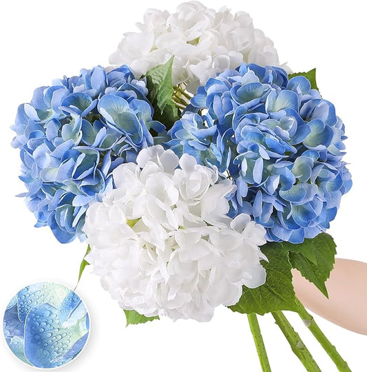Nubry 22.44In Hydrangea Artificial Flowers, 4Pcs Latex Faux Real Touch Large Hydrangea Flowers with Long Stems & Leaves for Home Office Decor Wedding Party Arrangements(White&Blue)