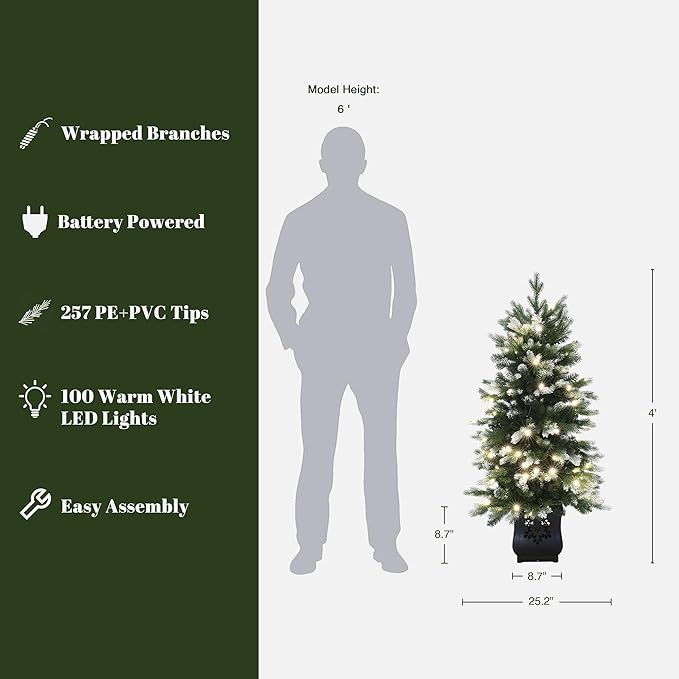 LuxenHome 4FT Potted Christmas Tree, Prelit Small Christmas Trees with 100 Warm White LED Lights, Slim Faux Tree Pre-lit with Black Square Base, Artificial Pine Trees for Indoor, Outdoor Holiday Decor