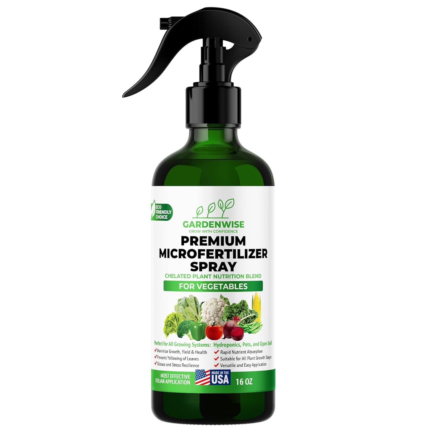 Premium Microfertilizer Foliar Spray - Chelated Plant Nutrition Blend with Chelated Iron for Vegetables. Perfect for Hydroponics, Pots, and Open Soil. Ready to Use (16 OZ)