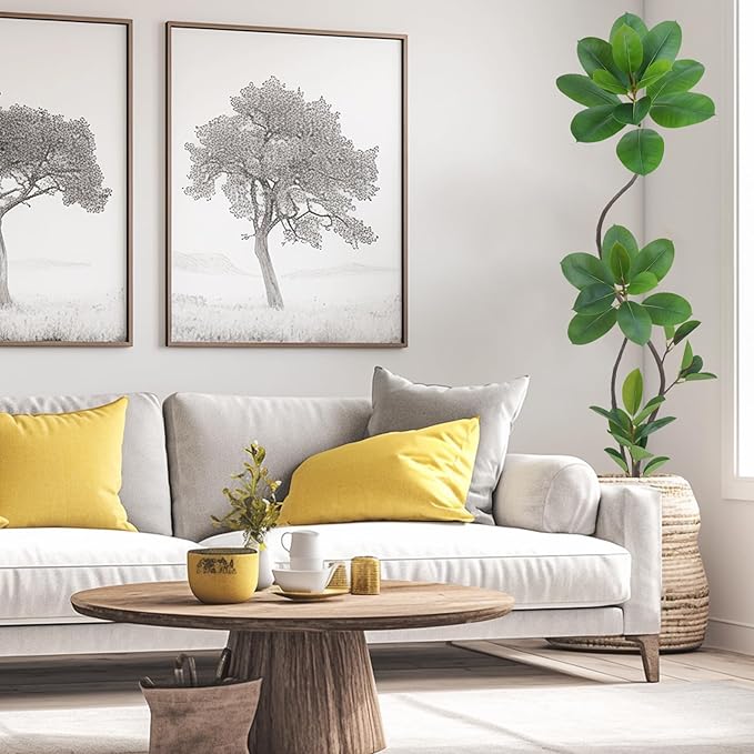 Artificial Rubber Tree Plant, 5.3ft Tall Black with Round Planter, All Season Home Decor (Green,5.3ft)