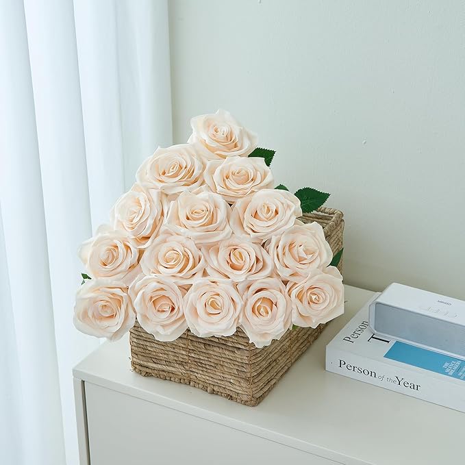 15pcs Champagne Roses Artificial Flowers Silk Fake Flowers Realistic Faux Roses Bouquet Long Stem for Wedding Home Party Birthday Decoration