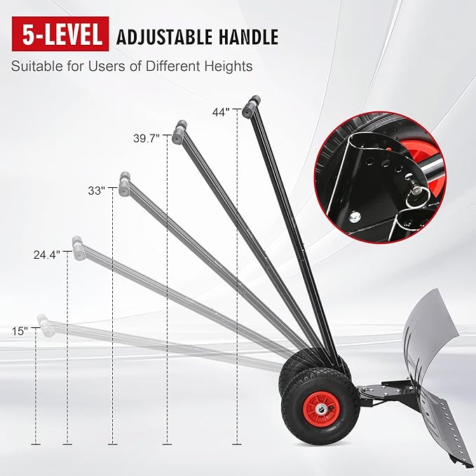 Snow Shovel for Driveway, Metal Snow Pusher with Wheels, Snow Plow with Large 29” x 16.5” Adjustable Angle Blade