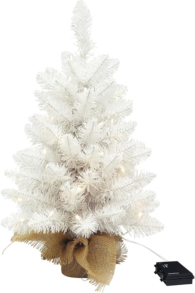 Small Christmas Tree with Lights,2ft Pre Lit Artificial Mini Xmas Tree for Tabletop,Outdoor,Bedroom,Office Decorations,Includes 50 Led Warm Lights,73 PVC Branch Tips,White（Battery Operated）