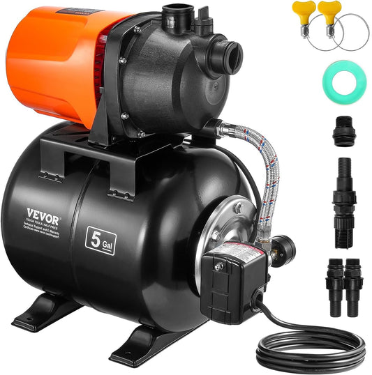 VEVOR 1 HP Shallow Well Pump with Pressure Tank, 1000 GPH/3700 L/H, Automatic Irrigation Water Booster Pump with 164 ft Lift 20/40 PSI Pressure Switch, Thermoplastic Pump Head for Home Garden Lawn