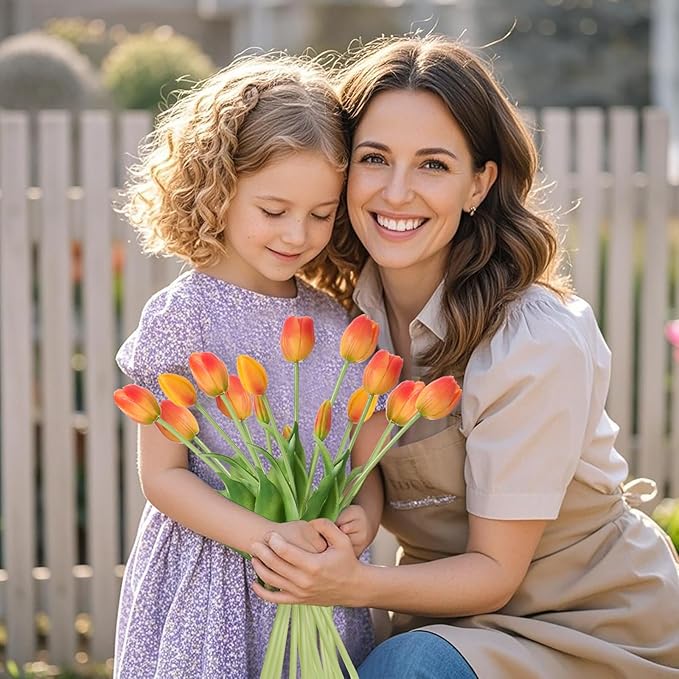 15 Pcs Orange Tulips Artificial Flowers Faux Tulips Real Touch Latex Fake Flower Bouquet for Spring Wedding Home Décor Centerpiece Arrangements