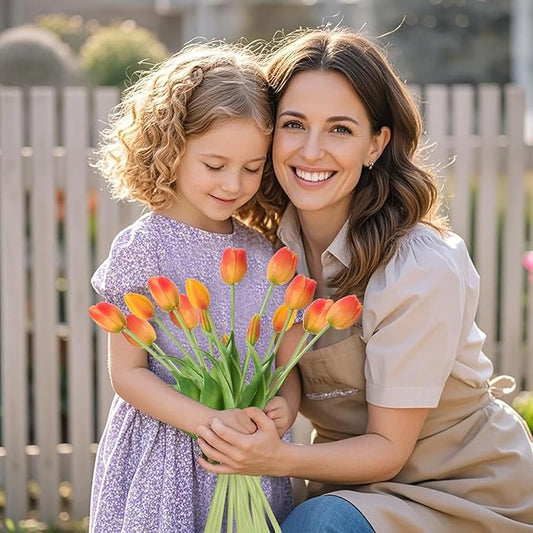 15 Pcs Orange Tulips Artificial Flowers Faux Tulips Real Touch Latex Fake Flower Bouquet for Spring Wedding Home Décor Centerpiece Arrangements