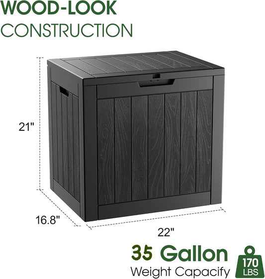 KAMABOKO Deck Box, 35 Gallon Resin Indoor and Outdoor Storage Boxes Waterproof for Garden Tools, Pool Accessories Storage Bench, Patio Furniture and Cushions with Lockable Lid, Black