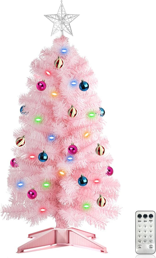 [ 12 Modes & Remote Control ] SURCVIO 3 Ft Christmas Tree with Timer 50 Four Color LED Lights DIY 15 Ball Ornaments Star Artificial Xmas Tree Indoor Outdoor Home Holiday Decorations (Pink)