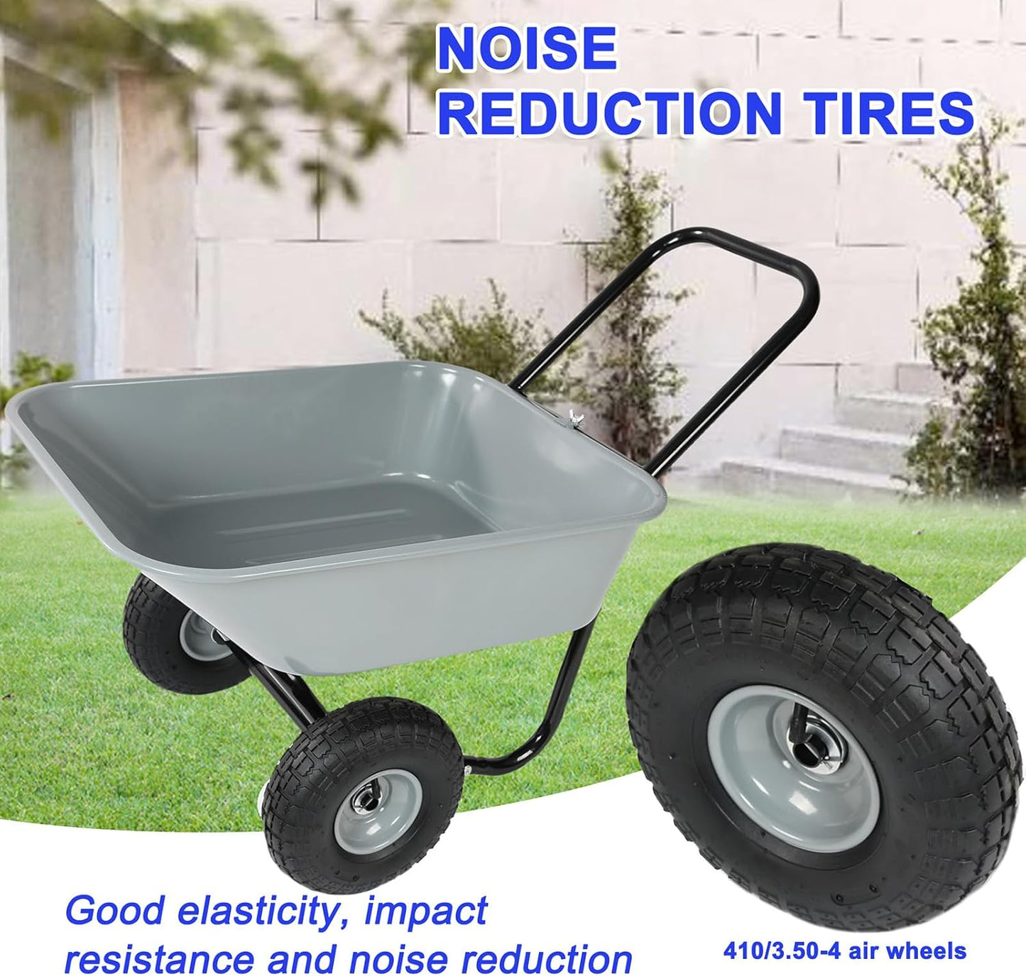 Dual Wheel Wheelbarrow, Heavy Duty Garden Cart, 300 lbs Capacity Utility Cart with Two 15 inches Pneumatic Tires for Outdoor Lawn Yard Farm Ranch (Gray)