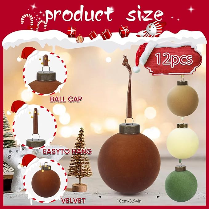 12 Pcs Velvet Christmas Balls Bulk Shatterproof Plastic Christmas Tree Decorations for Decorative Hanging Baubles (12, Brown、Green、Beige、Khaki, 3.94Inch)