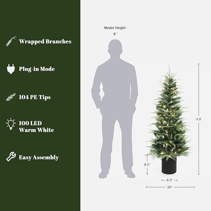 LuxenHome 5FT Small Christmas Tree, Potted Slim Christmas Tree with 100 Warm White LED Lights, Realistic Cedar Prelit Artificial Christmas Trees with Black Planter Pot for Outdoor Porch, Entryway
