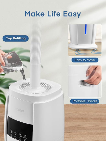 FOHERE 4.8Gal/18L Humidifier Large Room, Easy Top Fill Cool Mist Tower Humidifiers Quiet for Home, Plant, Office, Commercial, Whole House Cover up to 1500ft², with Smart Humidity Sensor, Remote, White