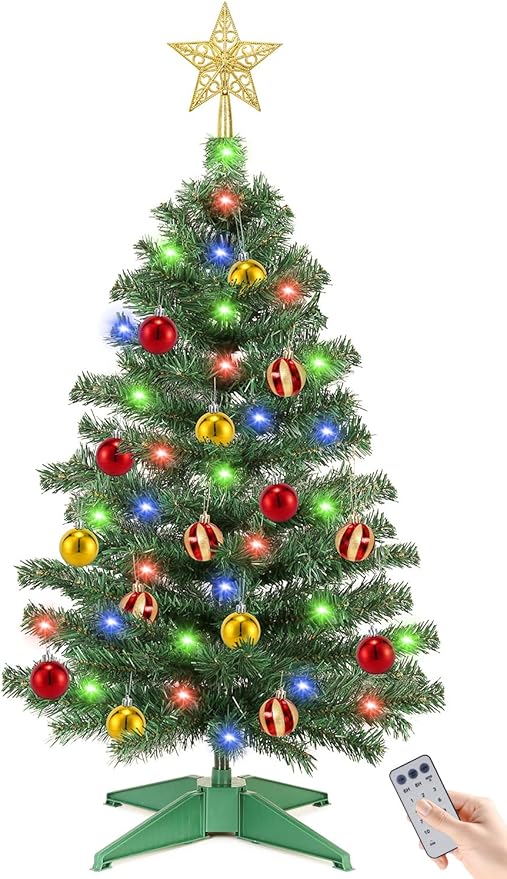 [ 12 Modes & Timer ] 3 Ft Green Small Christmas Tree with 50 LED Lights, 15 Ball Ornaments 3D Star Battery Operated Prelit Christmas Tree Indoor Home Fireplace Holiday Xmas Christmas Decorations