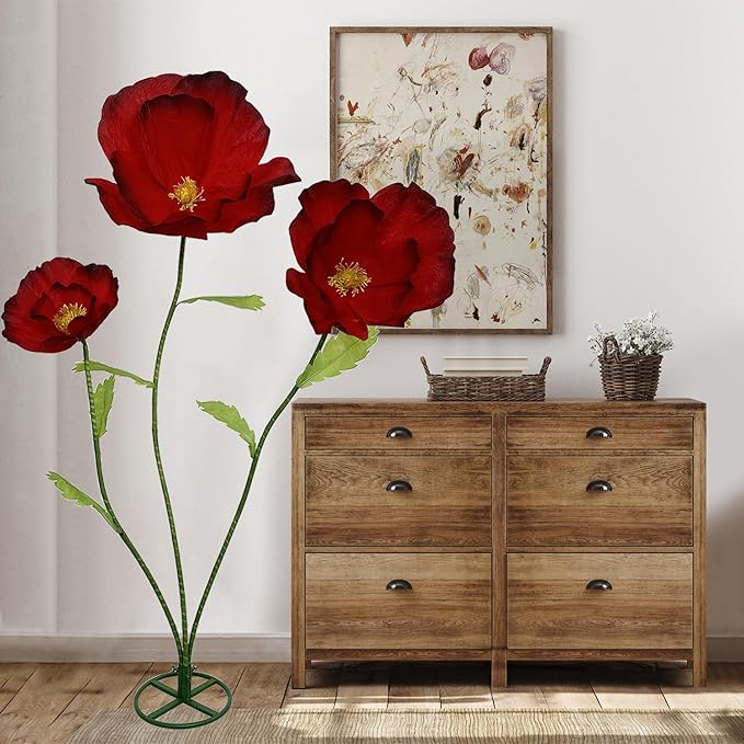 Giant Flowers for Decoration - 3Pcs Large Flowers for Backdrop Home Decor Paper flowers Artificial Realistic Faux Flower for Living Room, Bedroom, Wedding Party, Birthday Party, Celebrations (Red)