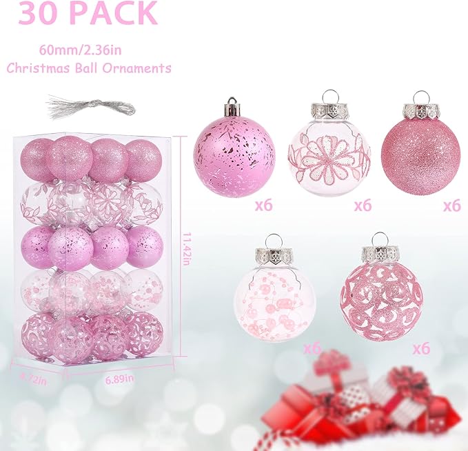 Clear Christmas Ornaments Set, 30ct 2.36inch Pink Clear Xmas Baubles for Christmas Tree Ornaments and Decorations Shatterproof Christmas Hanging Balls with Stuffed Decoration for Xmas Wedding Party