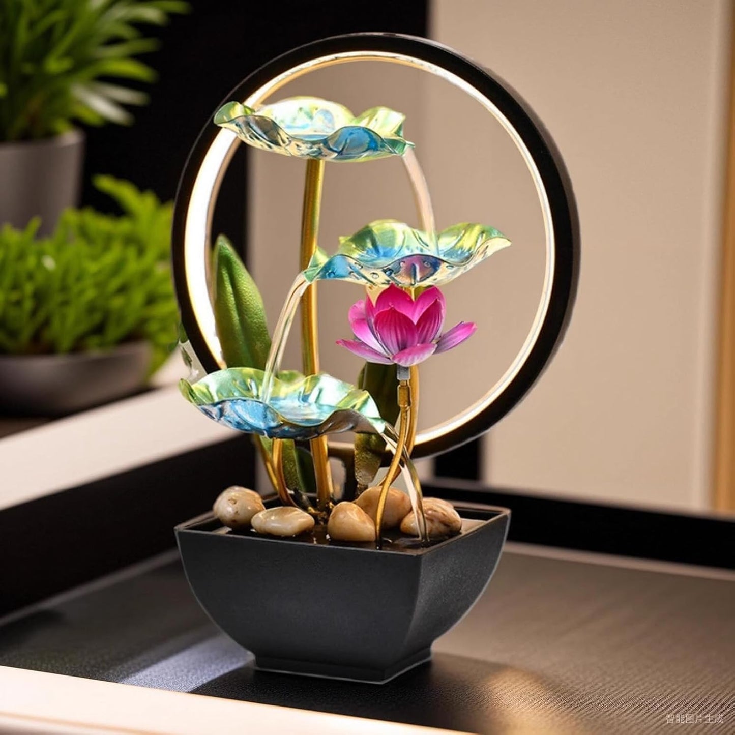 Indoor Tabletop Tiered Water Fountain 3 Level Tabletop Waterfall Meditation Fountain Includes Many Natural River Rocks LED Lights Relaxing Small Water Feature for Desk or Home Decor