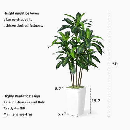 Artificial Dracaena Tree 5FT - Faux Tree with Black Tall Planter - Fake Tropical Yucca Floor Plant Potted - Artificial Silk Tree for Home Office Living Room Decor Indoor