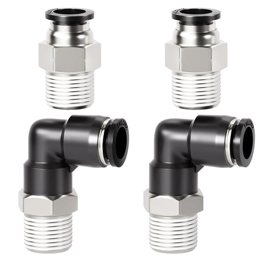 TAILONZ PNEUMATIC Elbow and Straight Combination 1/4 Inch Tube OD x 1/4 Inch NPT Thread Push to Connect Fittings PC-1/4-N2+PL-1/4-N2(Pack of 4)