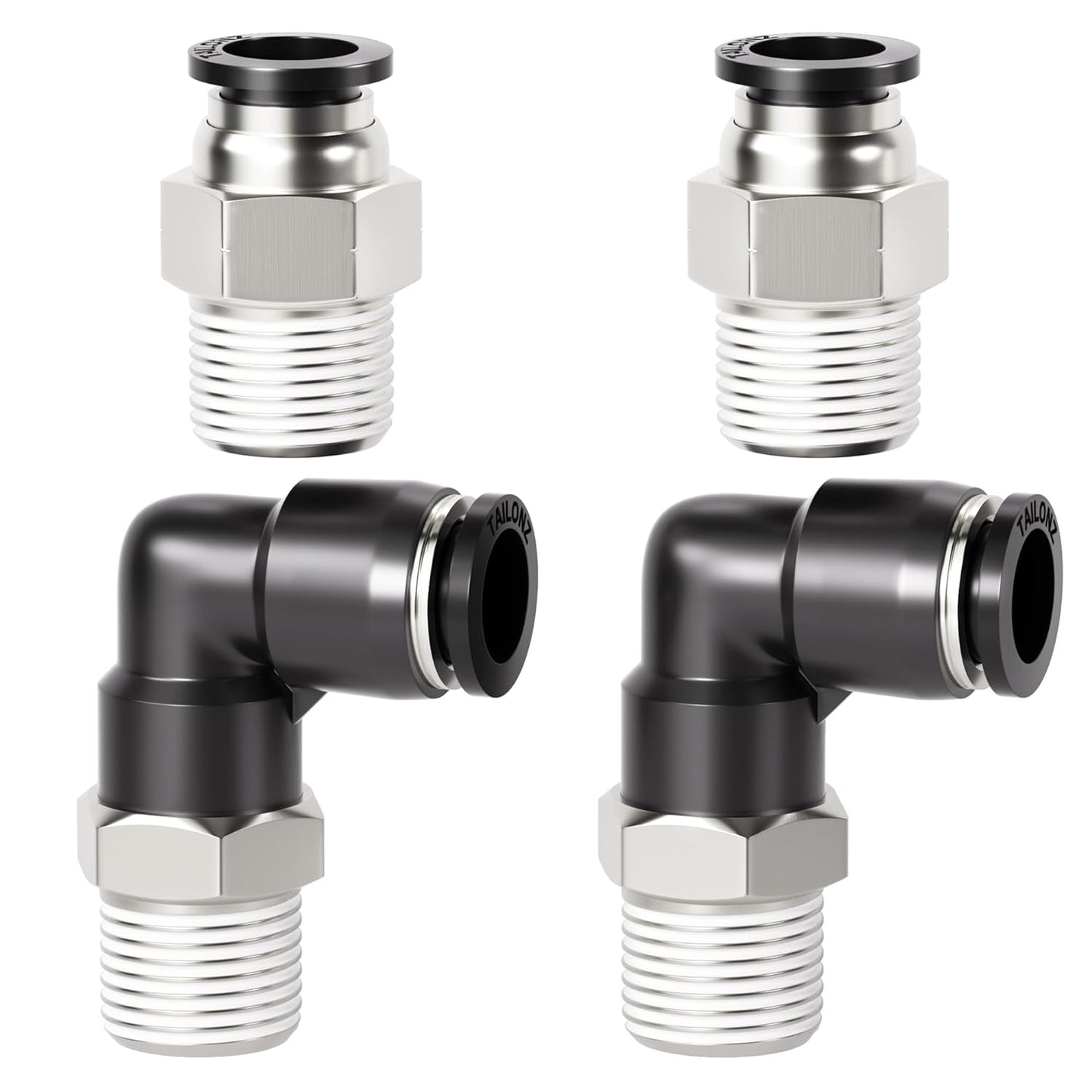 TAILONZ PNEUMATIC Elbow and Straight Combination 3/8 Inch Tube OD x 1/4 Inch NPT Thread Push to Connect Fittings PC-3/8-N2+PL-3/8-N2(Pack of 4)