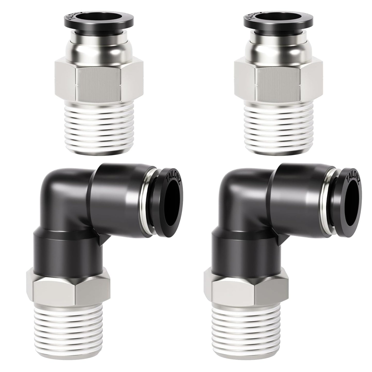 TAILONZ PNEUMATIC Elbow and Straight Combination 1/2 Inch Tube OD x 3/8 Inch NPT Thread Push to Connect Fittings PC-1/2-N3+PL-1/2-N3(Pack of 4)
